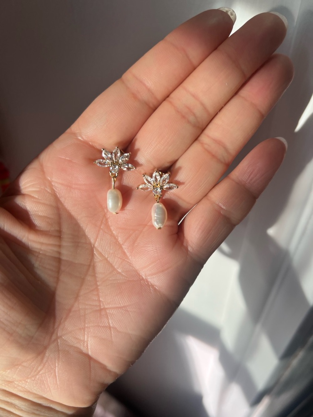 Gold Pearl Drop Flower Stud Earrings - White Pearls